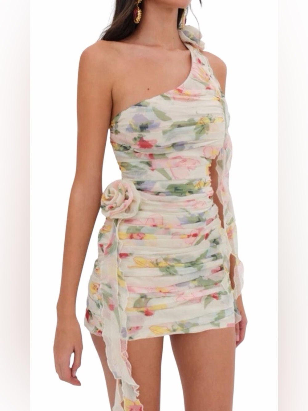 For Love & Lemons Abby Mini Dress Crinkle One Shoulder Rose Floral Size M